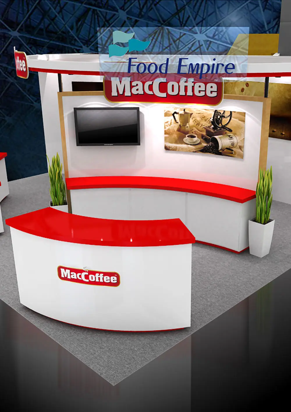 3D design of the MacCoffee exhibition stand, with a red counter and screens, designed and built by Studio White