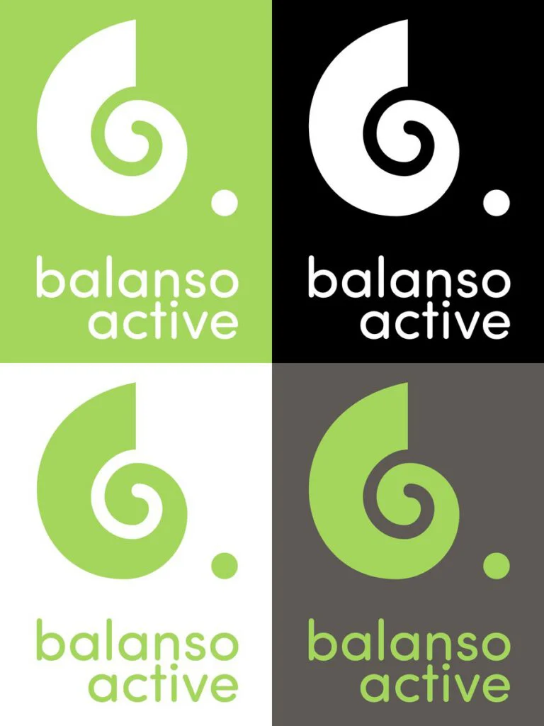 Balanso Active logo in four colourways: lime, black, white and warm grey