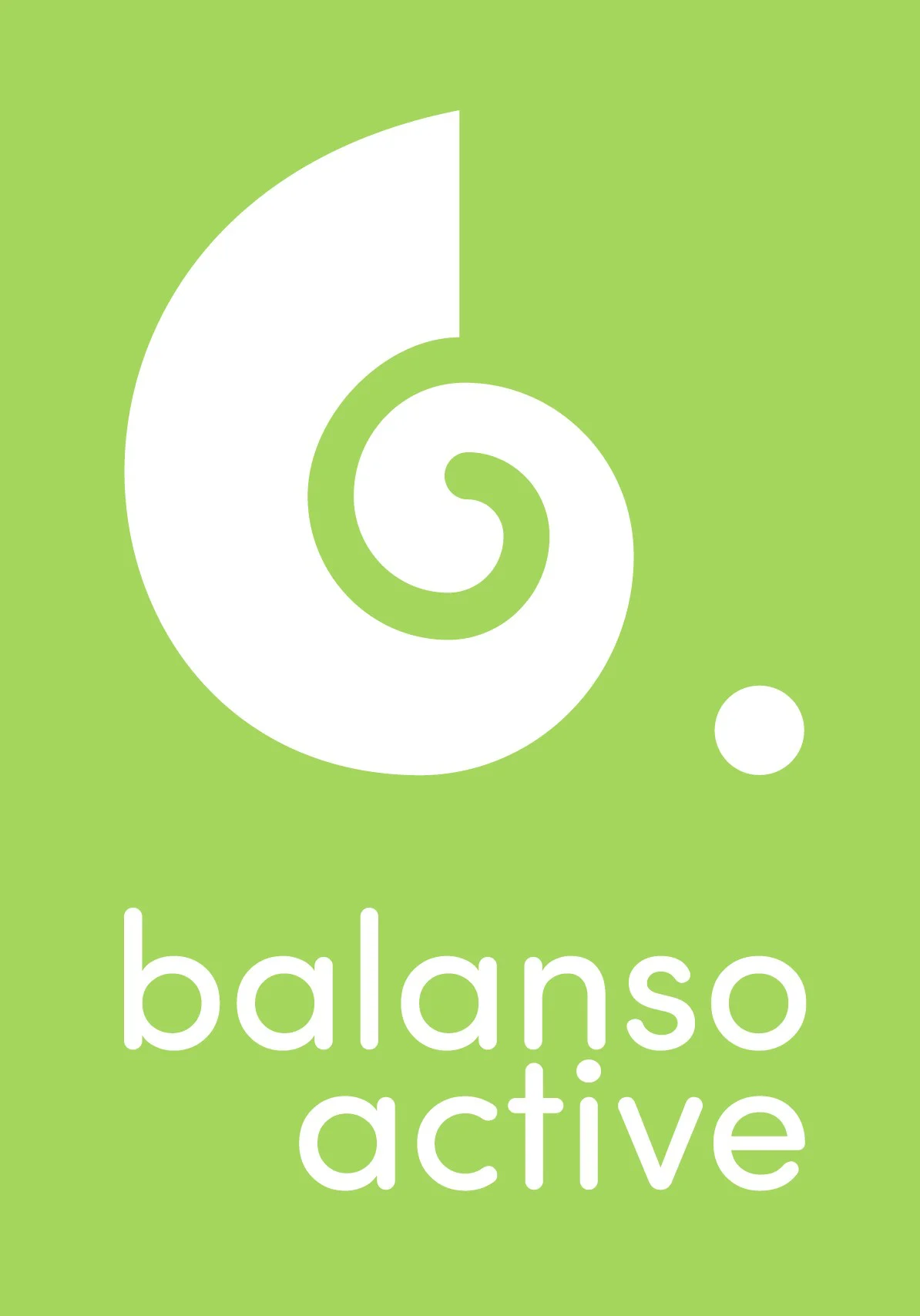 Balanso Active logo: a white spiral mark and wordmark on lime green