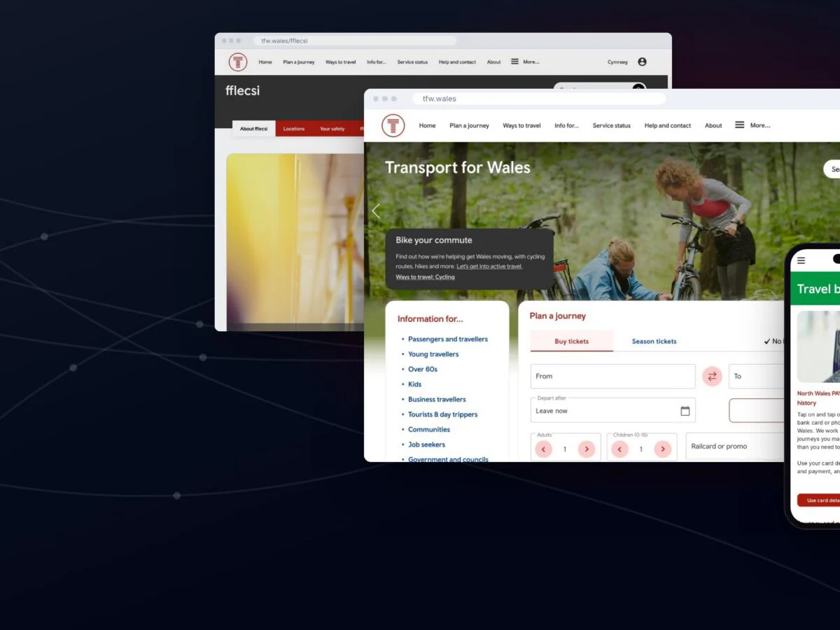 Transport for Wales website shown on desktop and mobile: the bilingual homepage, the fflecsi bus pages and pay-as-you-go bus travel on a phone