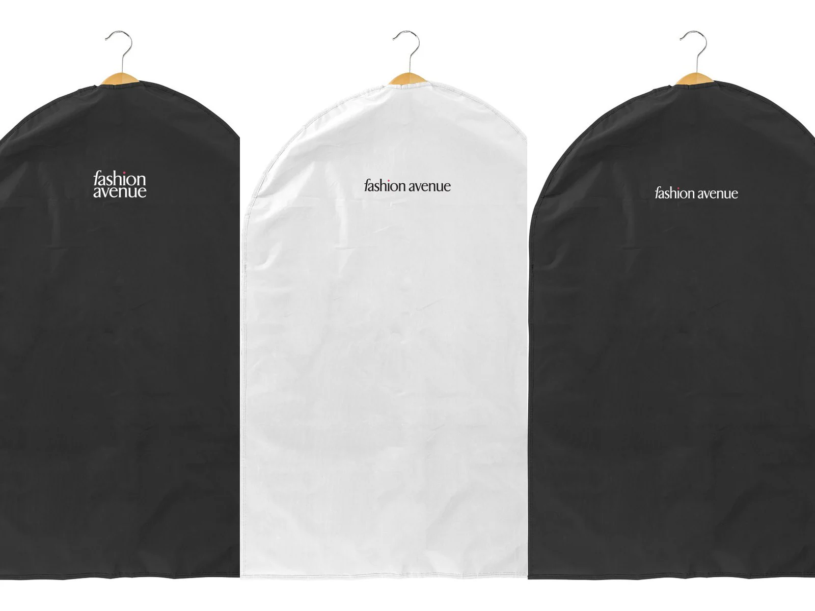 Three Fashion Avenue garment bags, black and white, on hangers
