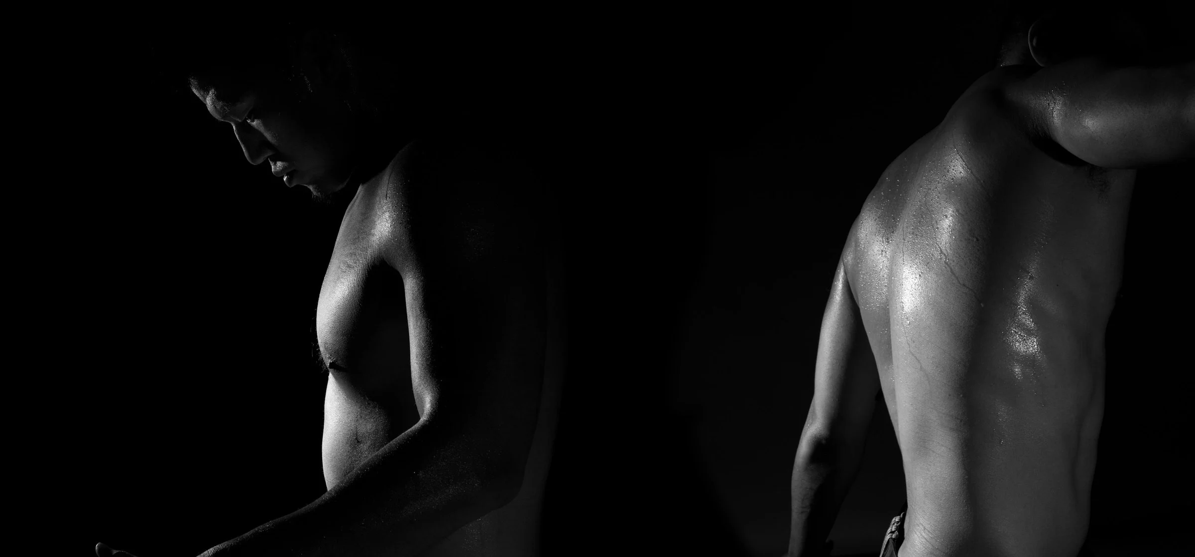 Black-and-white low-key studio portraits of a martial artist's torso and back, sculpted by side light