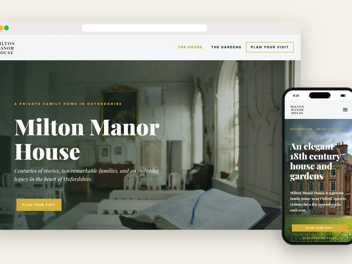 The Milton Manor House website on desktop and mobile: The House page and the homepage