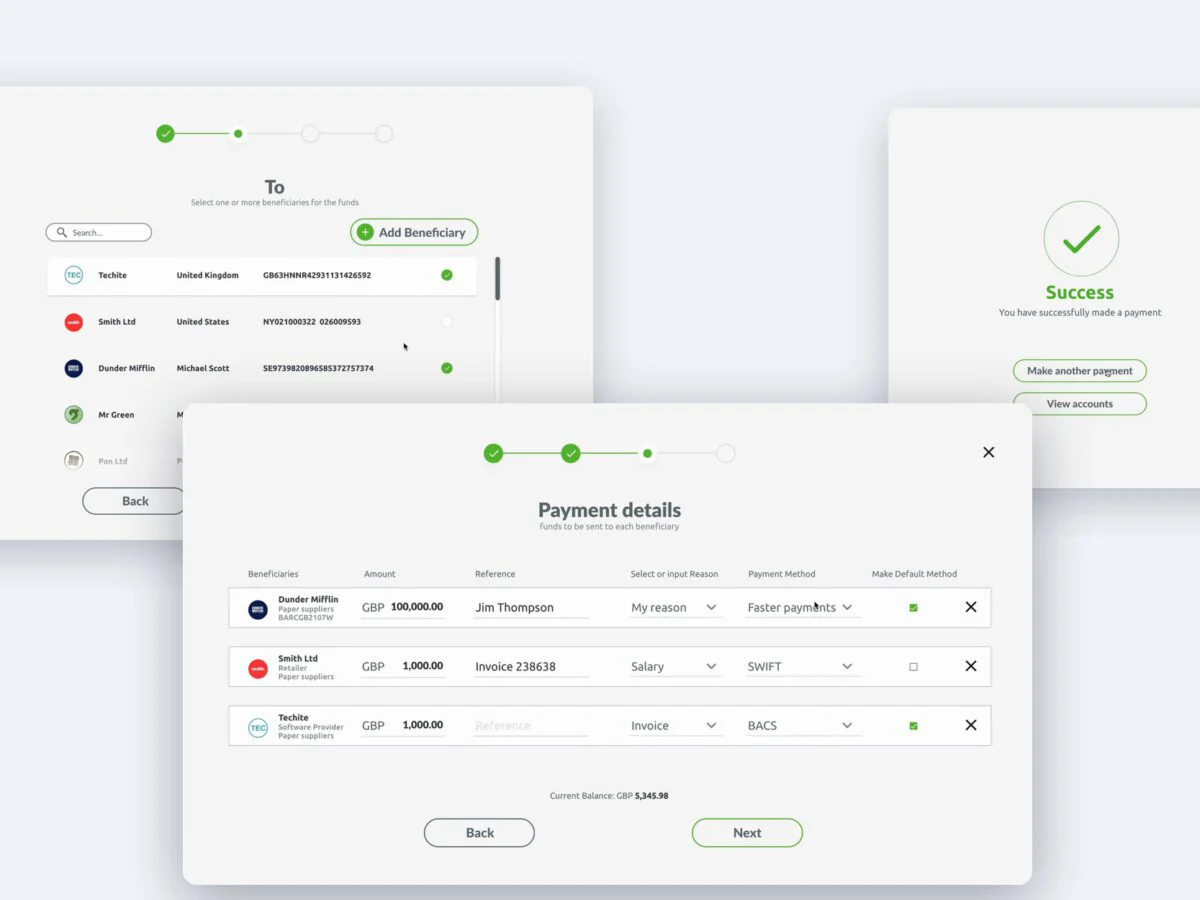 Multi-step payment flow: choose beneficiaries, set payment details, success
