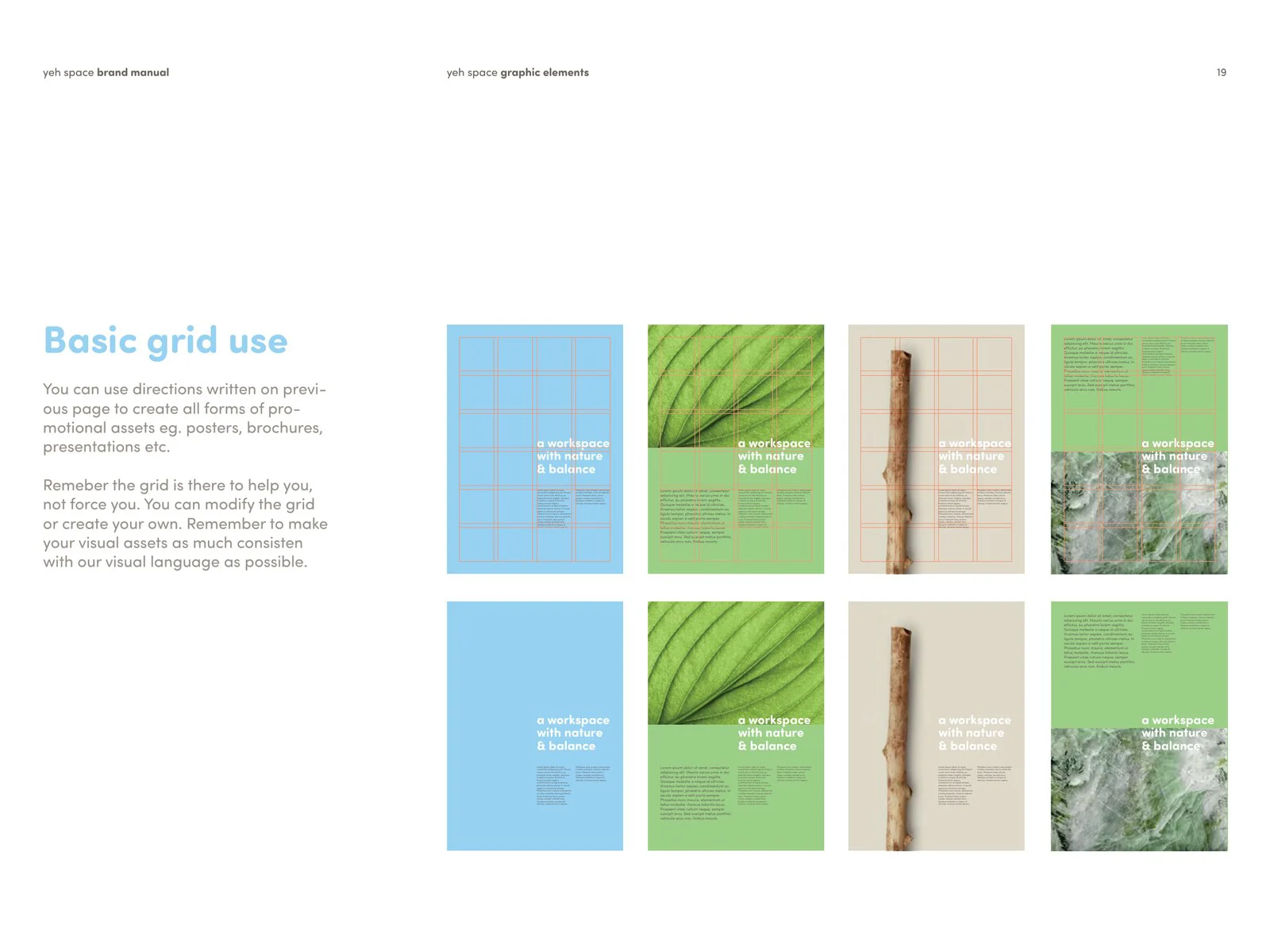 Yeh Space poster layouts built on the brand grid
