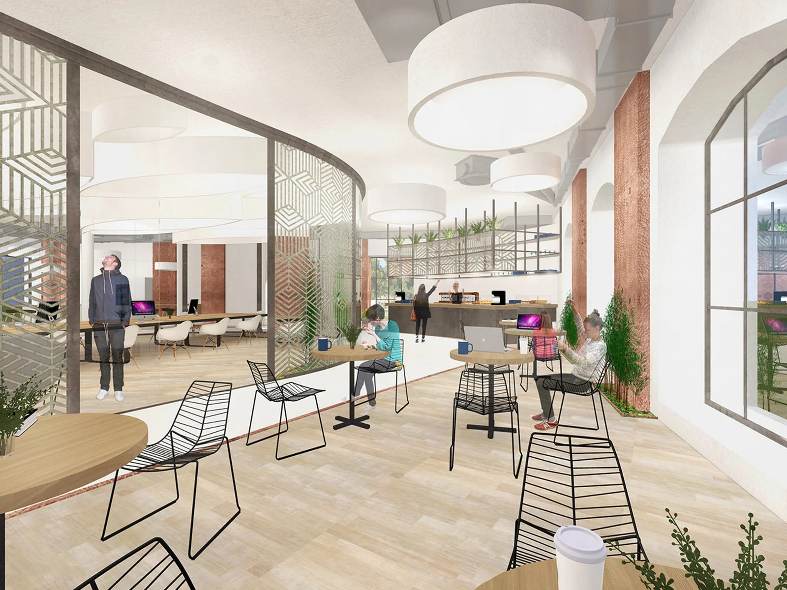 3D visualisation of the Yeh Space cafe and work area with brick columns and pendant lights