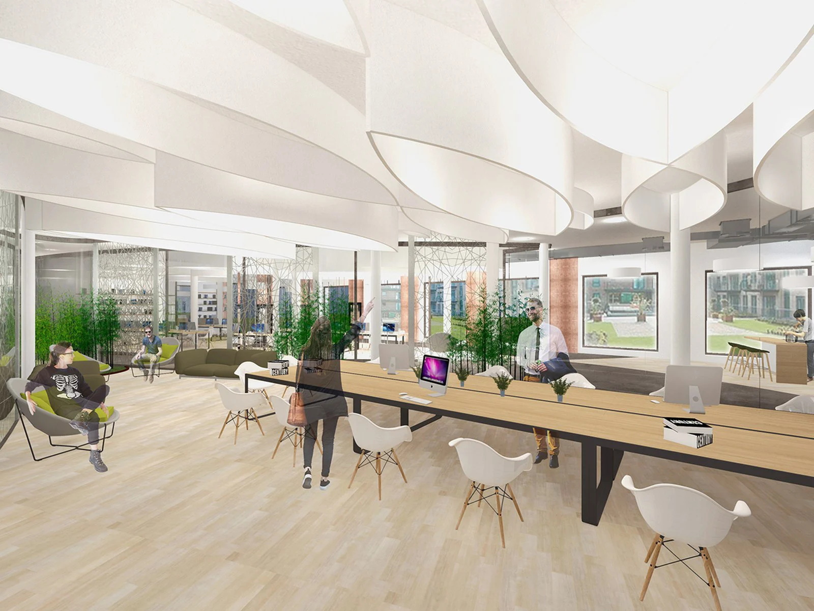 3D visualisation of the Yeh Space co-working lounge with long desks and plants