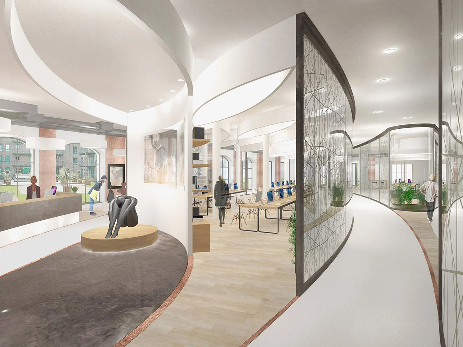 3D visualisation of the Yeh Space reception with curved walls and a sculpture